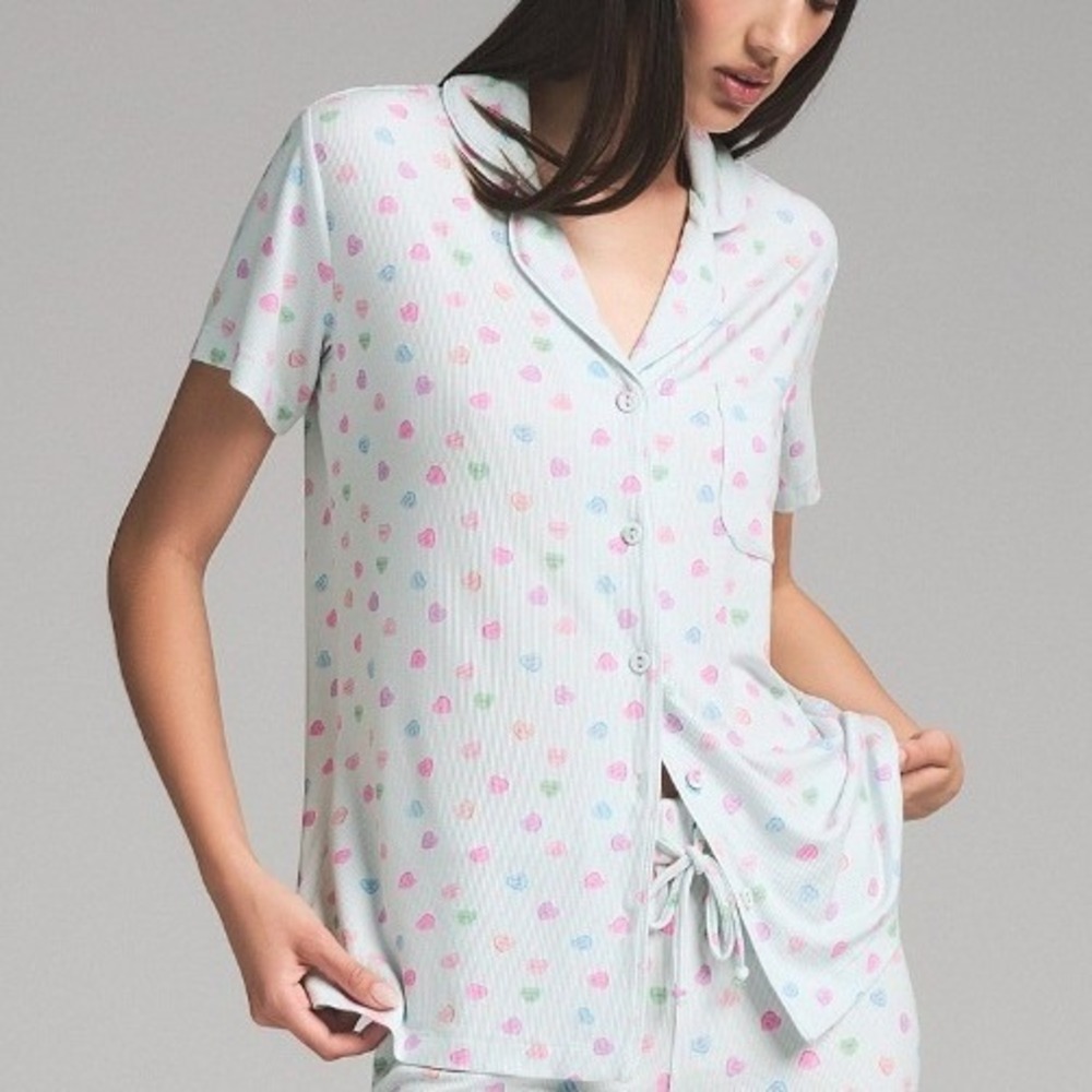 Skims Soft Lounge Pajama Top Womens S Cloud Candy Heart Print Blue Cozy Coquette